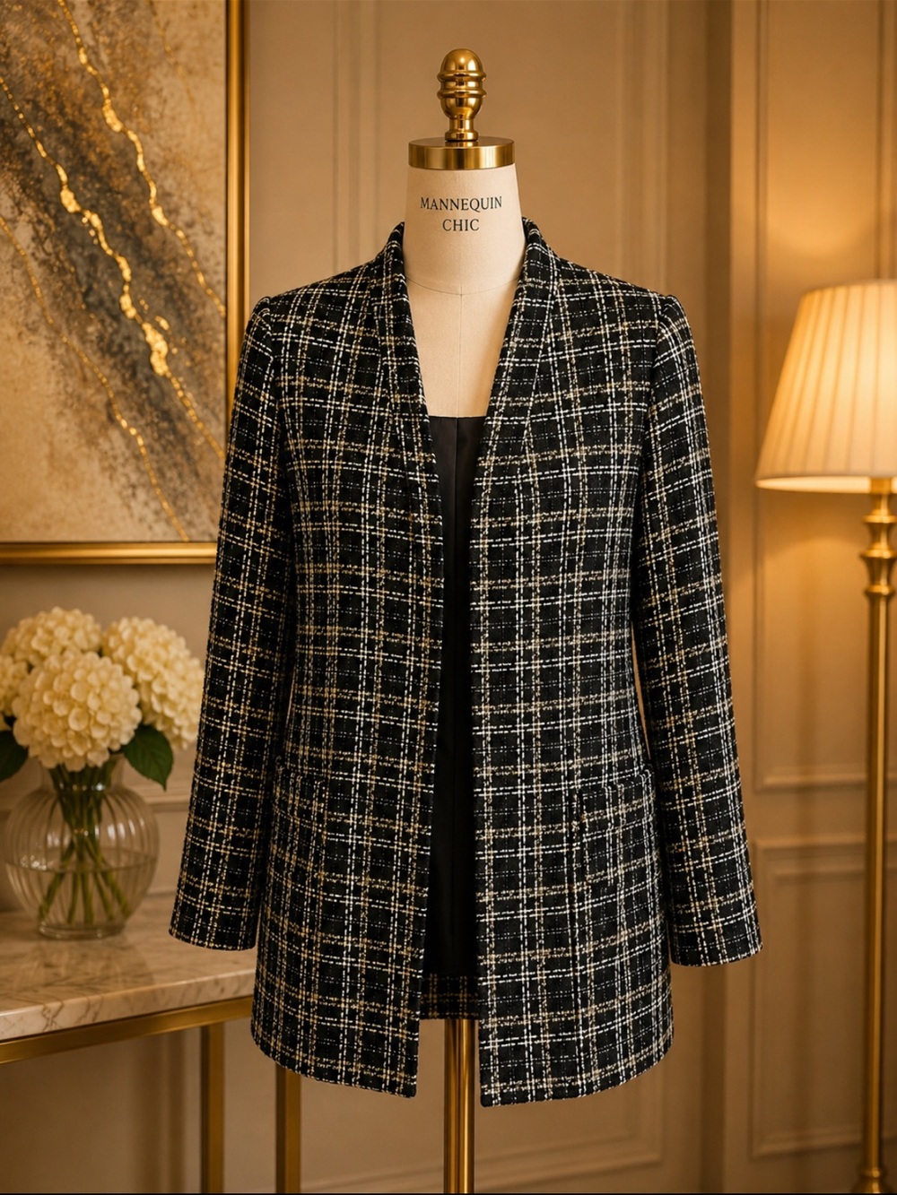 Calvin Klein Black & White Tweed Open-Front Jacket